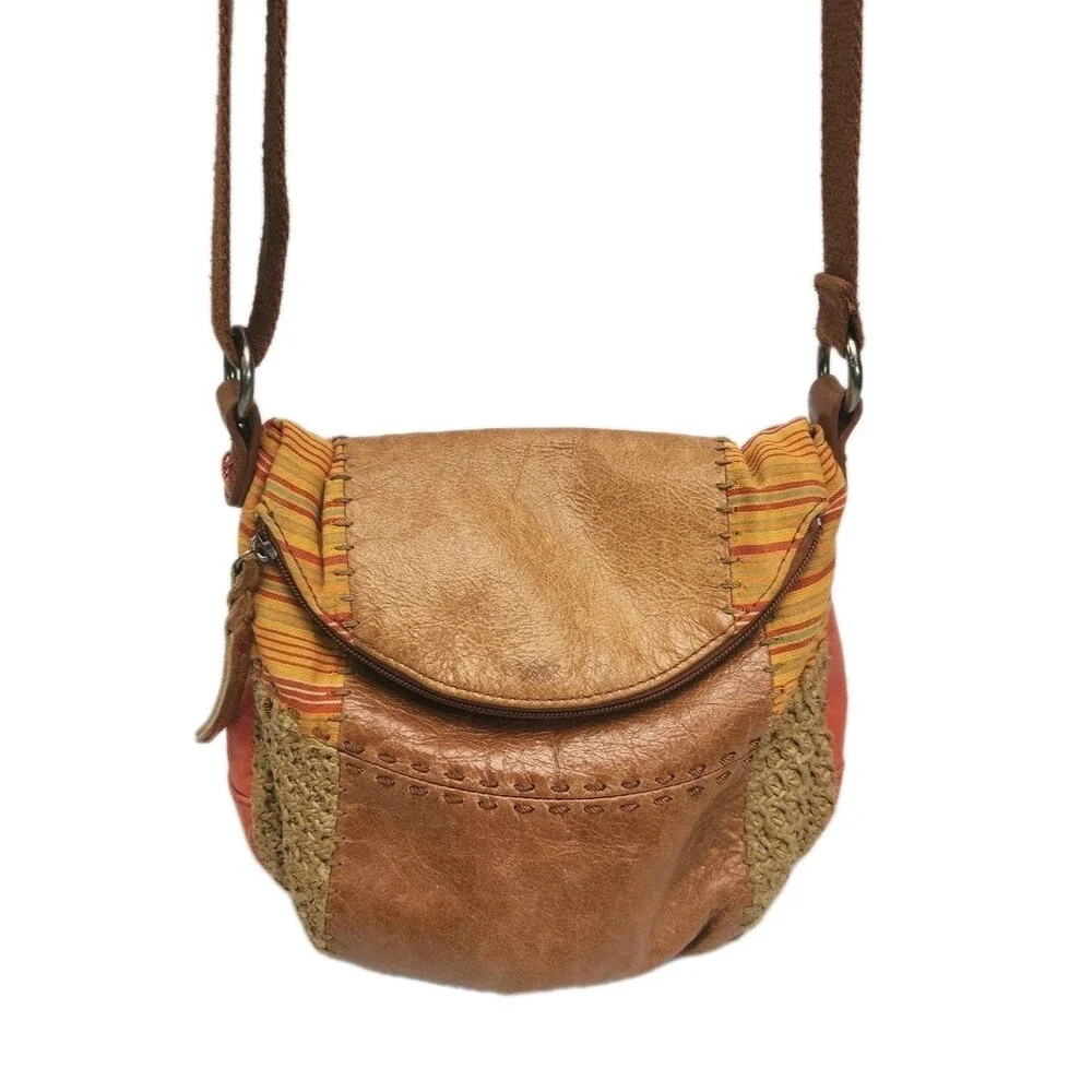 The Sak Purse Deena Flap Crossbody Bag Brown Leather Patchwork Woven Small